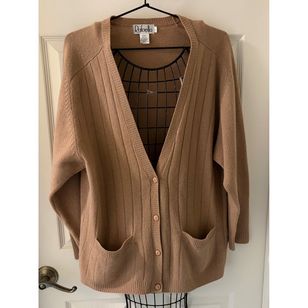 Vintage Rafella Angora Lambswool Cardigan Sweater Camel Oversized XL 23x28 EUC